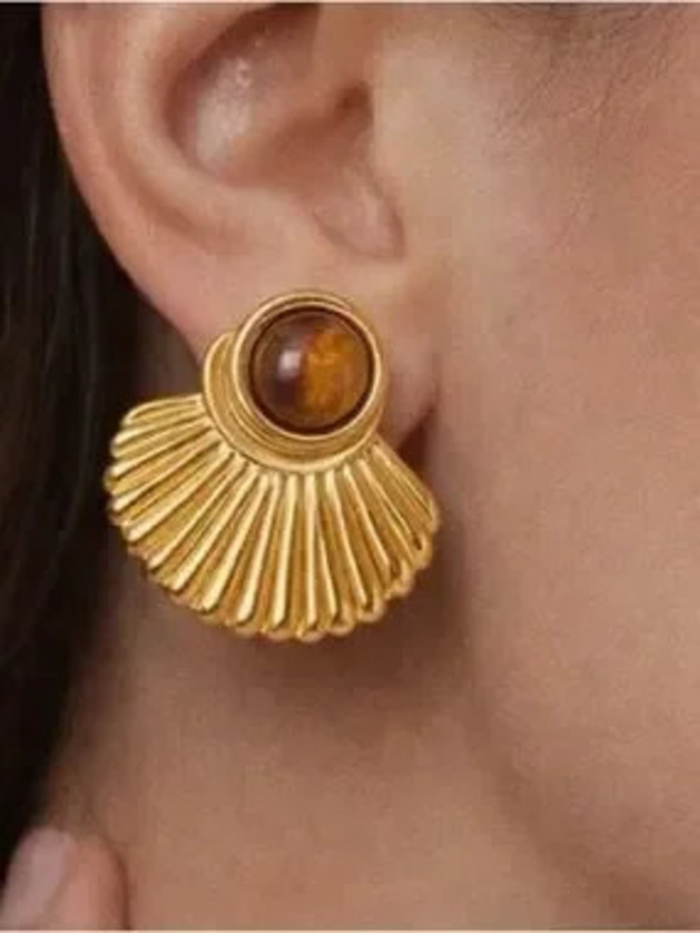 Gold Fan Shaped Tigers Eye Earrings (7564)